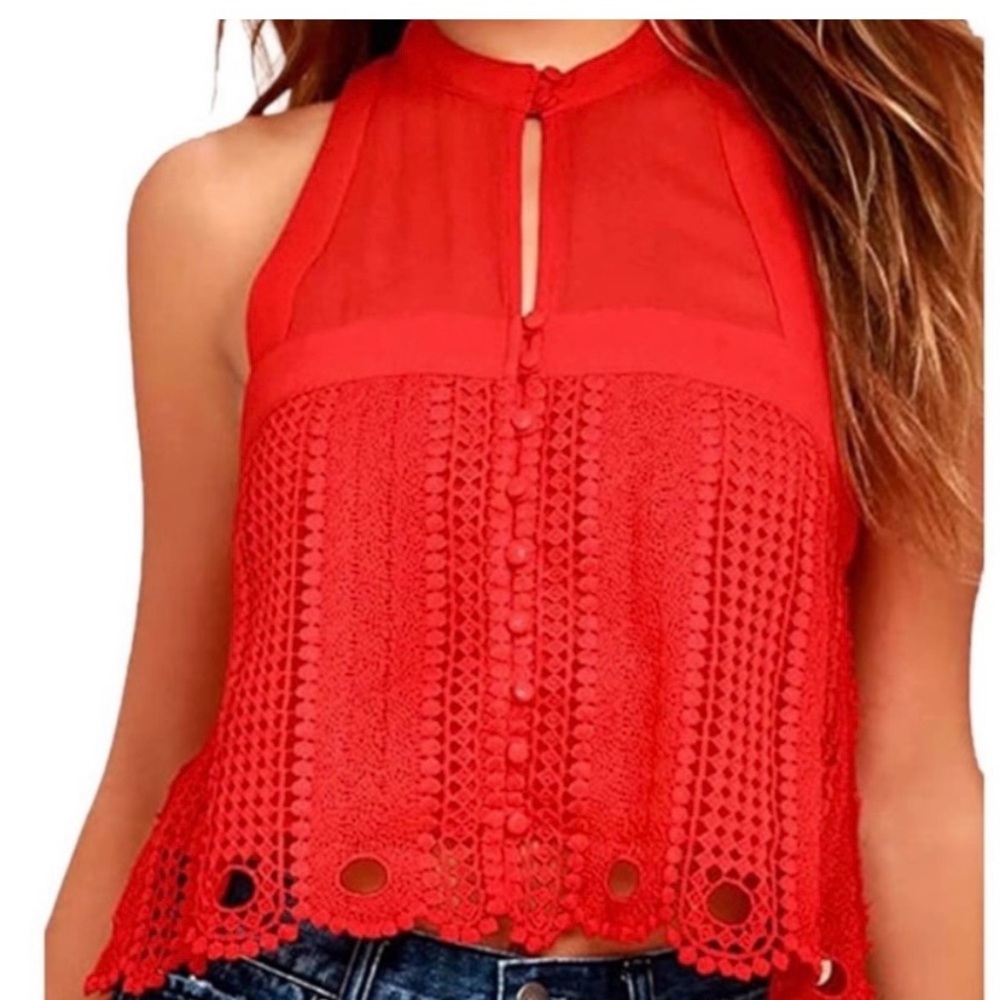 Free People Red Mandarin Collar Crop Blouse